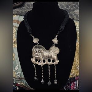 Old Chinese Miao Silver Dynasty Foo Fu Dog Lion Necklace. Rare